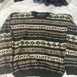Knit David Taylor sweater, green,tan and cream white.